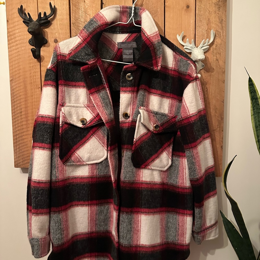 Suzy Shier Red and Black Plaid Utility Jacket
